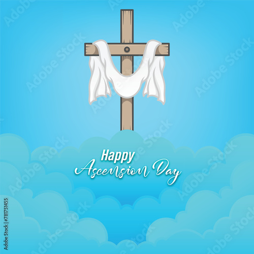 Vector design of Ascension of Jesus Christ with cross and robe on clouds in square composition