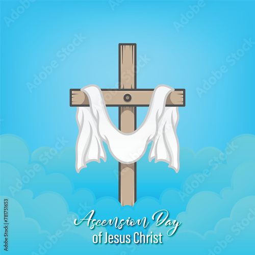 Vector design of Ascension of Jesus Christ with cross and robe on clouds in square composition