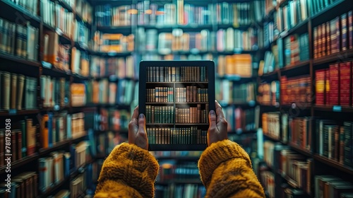 A person holding a tablet with a digital library of information