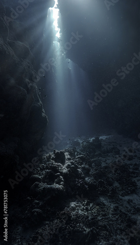 Fototapeta Naklejka Na Ścianę i Meble -  Underwater photo of magic sunlight and holy grail inside a cave