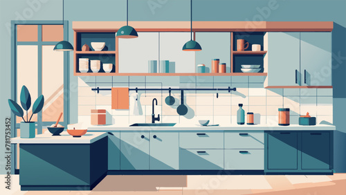 A modern kitchen with a sleek and uncluttered design featuring a marbletiled backsplash and open shelving to display essential kitchen tools