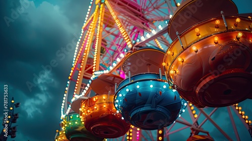 a row of colorful Ferris wheel trains that light up against the dark sky photo