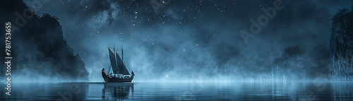 Dragon ship, warriors, sailing through a misty fjord, under a starlit sky, photography, silhouette lighting, noire effect photo