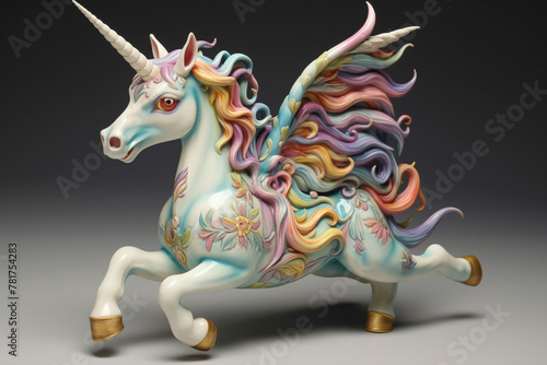Whimsical cartoonish unicorn figurine  prancing against a clean white surface  radiating magic and charm.