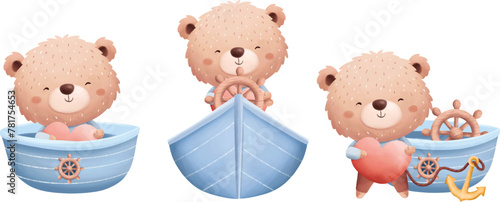 Watercolor Illustration Set of Cute Bear and Little Ship