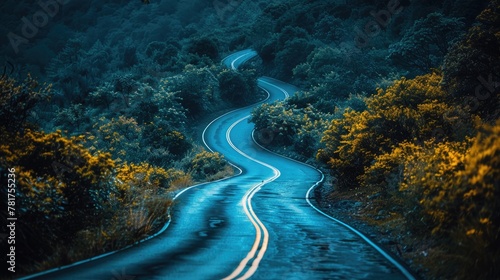 A winding road disappearing into the darkness of the night, creating a sense of mystery and adventure