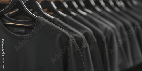A row of black shirts hanging on a rack. The shirts are all the same color and style photo