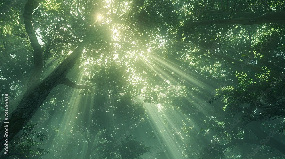 Abstract beams of light shining through a dense forest canopy