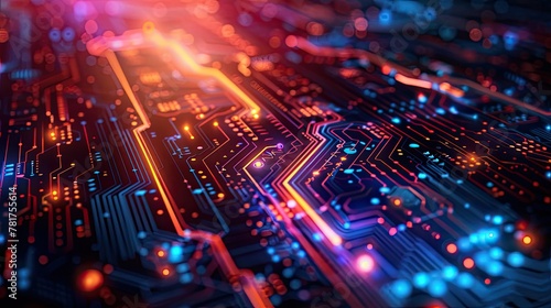 Abstract background with circuit board patterns and AI algorithms photo