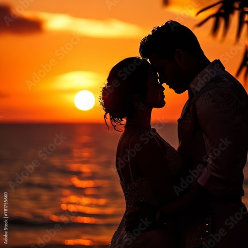 Silhueta de uma casal apaixonado, de lado, à beira mar ao pôr-do-sol. Gerado com IA photo