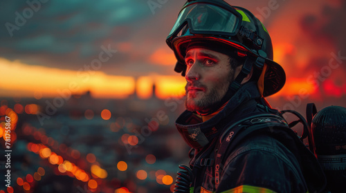 Firefighter with uniform and helmet stand in front of electric wire on a roof top.