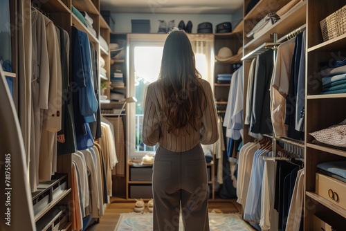 Woman near closet choosing clothes