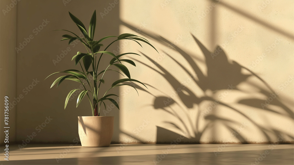 Decorative plant in empty luxury studio showcase for product presentation. The shadow of the leaves of the plant on the wall. Decorative plant in empty luxury studio showcase for product presentation. The shadow of the leaves of the plant on the wall.