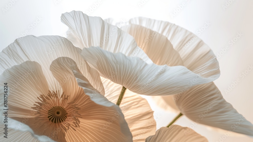 Close up of the petals of white poppies on a white background. Close up of the petals of white poppies on a white background.