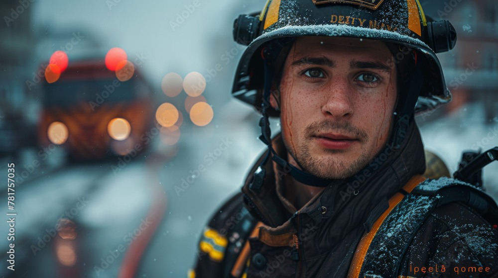 Firefighter with uniform and helmet stand in front of electric wire on a roof top. Firefighter with uniform and helmet stand in front of electric wire on a roof top.