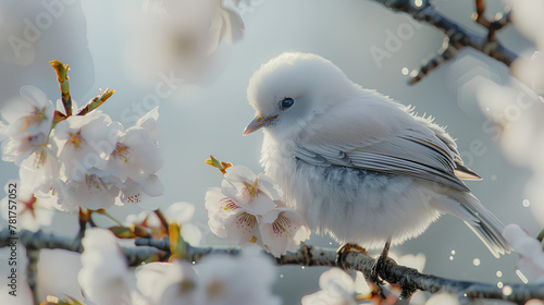 Cute white shima bird with cherry blossoms in full bloom, bird on a branch