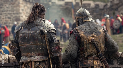 Two warriors clad in chainmail and wielding spears converse with backs against a stone wall at the tournament grounds. . .