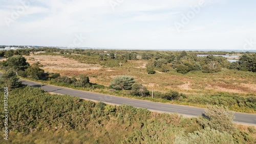 Low flying drone footage over heathland and water.Far reaching view of landscape with sea in background.Studland Dorset UK. photo