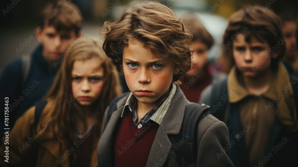 Unhappy kid, bullying in school concept.