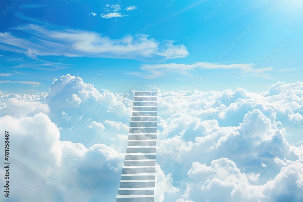 Fototapeta premium Stair in clouds on blue sky background, Ladder of Success Concept