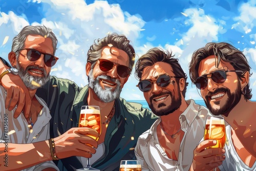 A painting depicting men enjoying a beer together in a social setting, engaged in conversation and celebration