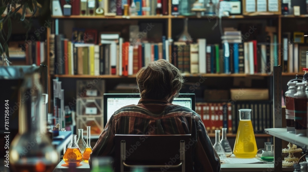 A lone scientist sits at a computer station face hidden as they yze data on a screen surrounded by shelves filled with books . .