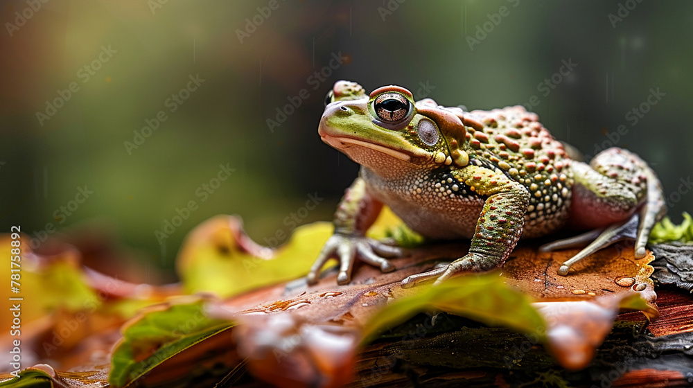 Fototapeta premium A cute toad sitting on a wet leaf in the forest, AI Generative.