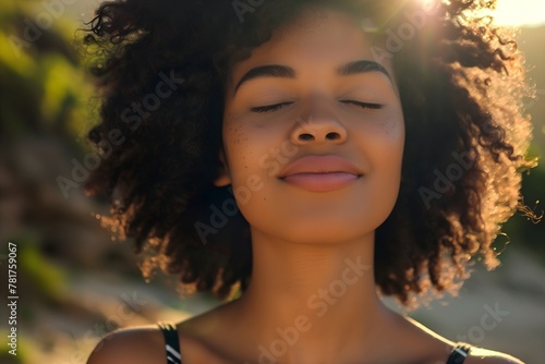 Sunkissed Serenity: Radiant Young Woman with Afro Hair Basking in Sunlight, Exuding Calm and Mindful Peace 