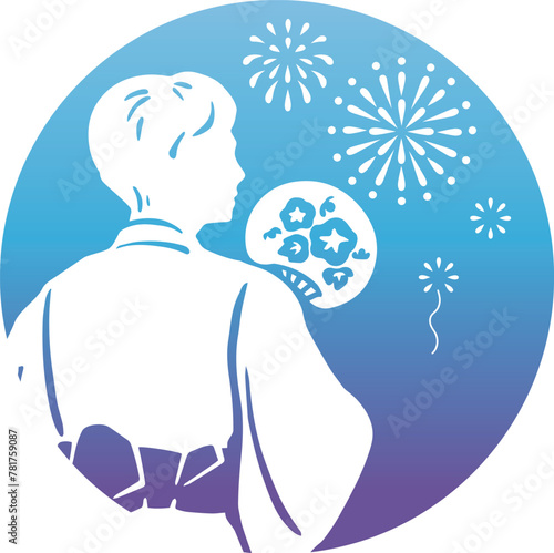 夏　浴衣　男性　シルエット　お祭り　花火　手描き　切絵　影絵　和風　背景　イラスト素材