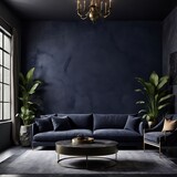 Luxury living room with small blue navy colour couch. Accent empty wall with decorative deep black plaster stucco micro cement or silk texture. Dark modern interior 