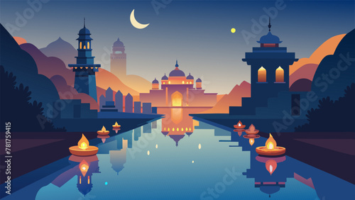 A serene scene by a river with beautifully lit diyas floating on the water creating a mesmerizing reflection. In the background a temple can be