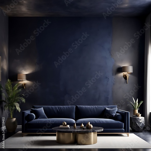 Luxury living room with small blue navy colour couch. Accent empty wall with decorative deep black plaster stucco micro cement or silk texture. Dark modern interior  photo