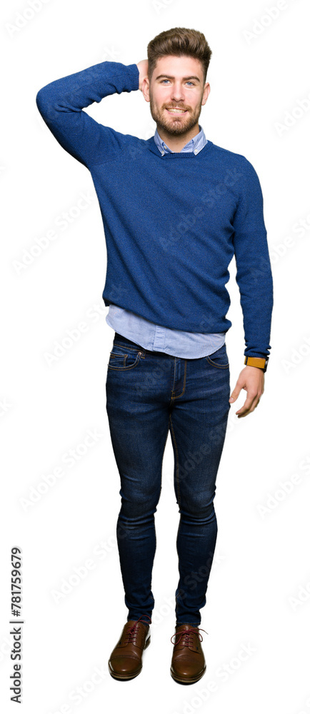 Young handsome bussines man confuse and wonder about question. Uncertain with doubt, thinking with hand on head. Pensive concept. Young handsome bussines man confuse and wonder about question. Uncertain with doubt, thinking with hand on head. Pensive concept.