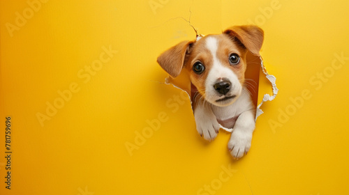 A tiny puppy with floppy ears peeking through a hole in a sunny yellow paper wall, providing space for custom banners photo