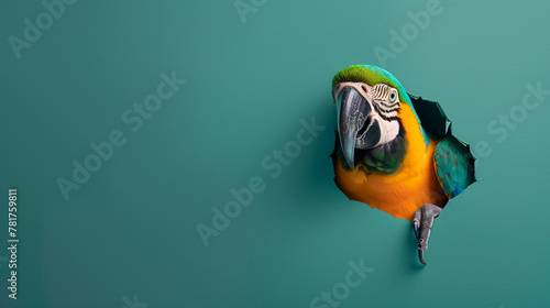 A colorful parrot peeking through a hole in a vibrant green paper wall, copy space.