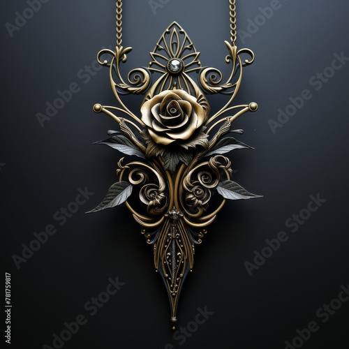 Ornate Black and Gold Rose Pendant

