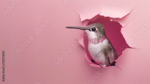 A charming hummingbird peeking through a hole in a pastel pink paper wall, copy space.