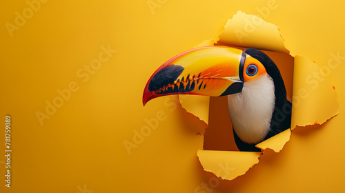 A colorful toucan poking its beak through a hole in a bright yellow paper wall, copy space.