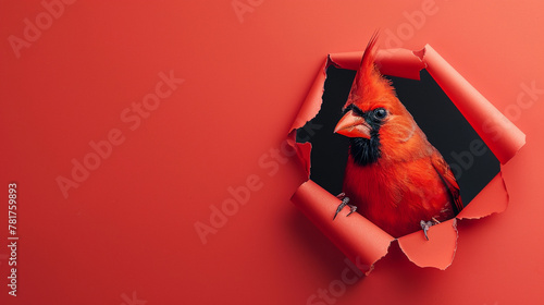 A beautiful cardinal bird peering through a hole in a cheerful red paper wall, copy space.