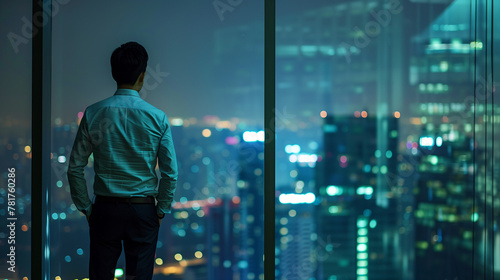 A man in a suit stands on a pier overlooking a city at night. The city is lit up with neon lights, creating a vibrant and bustling atmosphere. The man is lost in thought