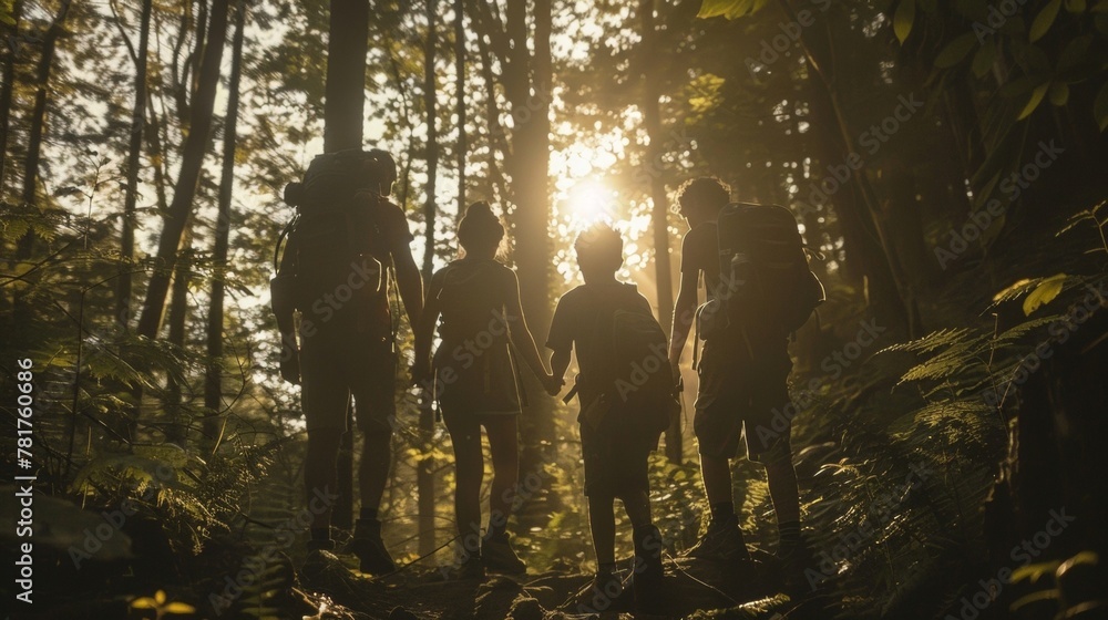 A family of four hiking through a dense forest silhouettes captured from behind as they hold hands and navigate the rugged terrain . . A family of four hiking through a dense forest silhouettes captured from behind as they hold hands and navigate the rugged terrain . .