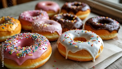 Sweet indulgence  A delightful assortment of glazed and sprinkled donuts