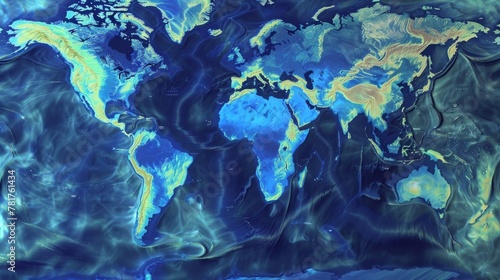 A map of the world is displayed in shades of blue and yellow, showcasing continents, countries, and oceans.