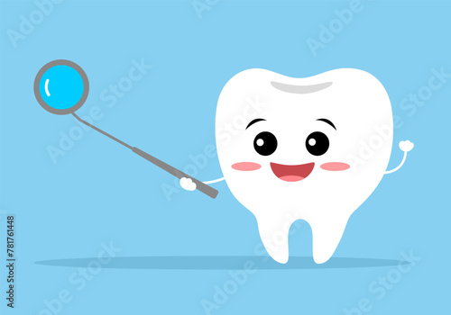 Cute cartoon tooth smile happily with mirror in flat design. 