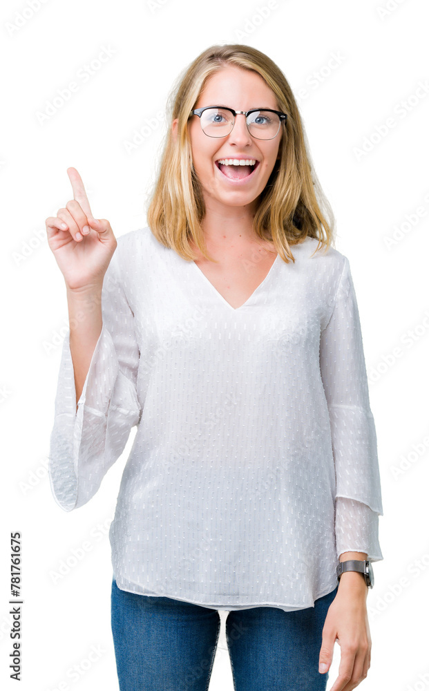 Beautiful young woman wearing glasses over isolated background pointing finger up with successful idea. Exited and happy. Number one. Beautiful young woman wearing glasses over isolated background pointing finger up with successful idea. Exited and happy. Number one.