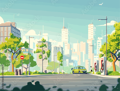 Animated Metropolis: Electric Revolution on City Streets, Embracing Clean Mobility and Sustainable Urbanism