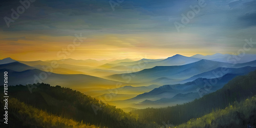  painting of a valley with mountains in the background digital painting of panoramic landscape with several mountains in a sunset