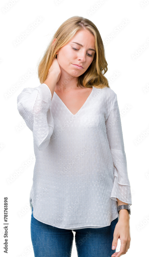Beautiful young elegant woman over isolated background Suffering of neck ache injury, touching neck with hand, muscular pain Beautiful young elegant woman over isolated background Suffering of neck ache injury, touching neck with hand, muscular pain