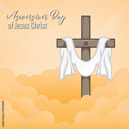 Vector design of Ascension of Jesus Christ with cross and robe on clouds in square composition