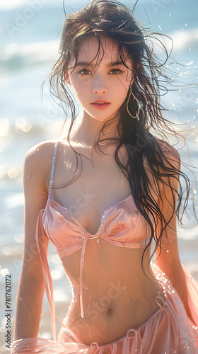 Full body image of a beautiful black-haired Asian girl walking on the beach, bright blue water, flowing hair, pink dress.